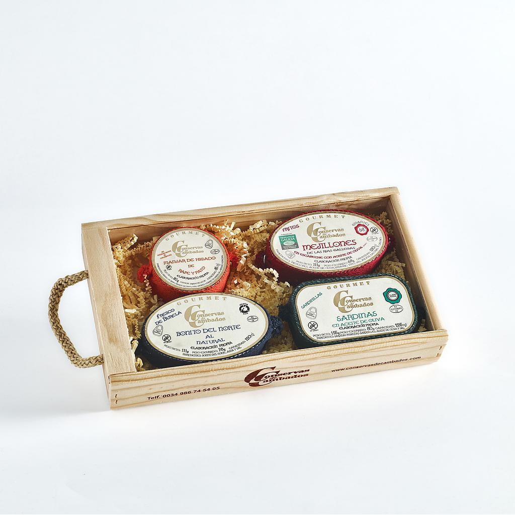 4 conservas gourment en caja de madera