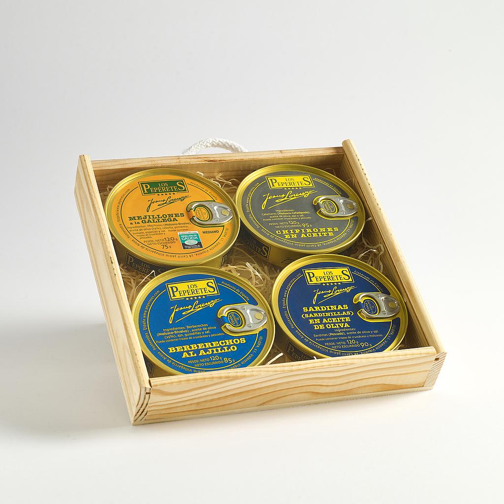 4 conservas gourmet en caja de madera cuadrada