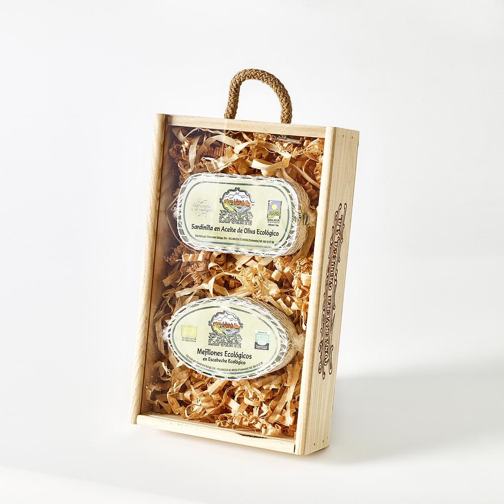 2 conservas gourmet ecológicas en caja de madera